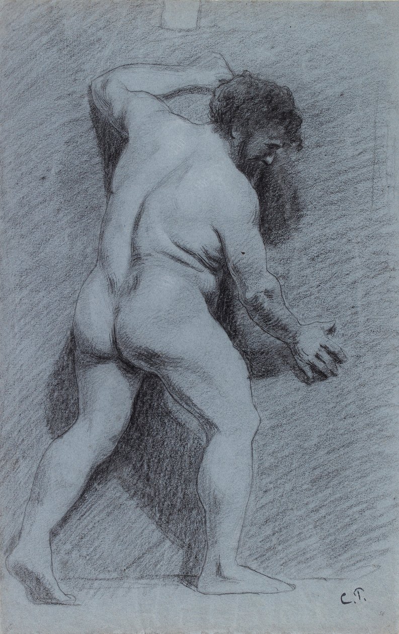 Study of a male nude posed against a wall seen in profile facing right, 1856-1860 by Camille Pissarro