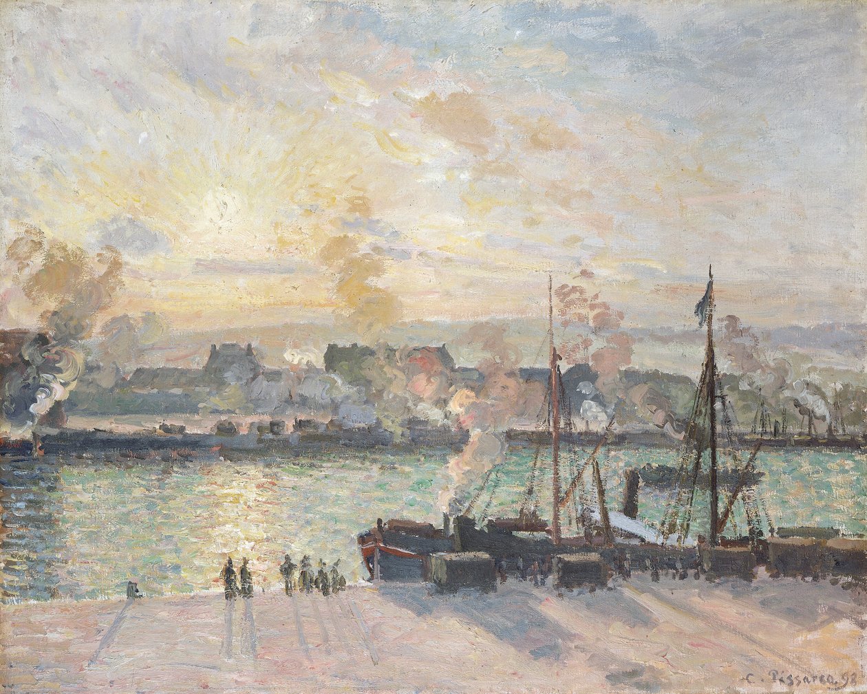 Sunset, the port of Rouen, Steamboats by Camille Pissarro