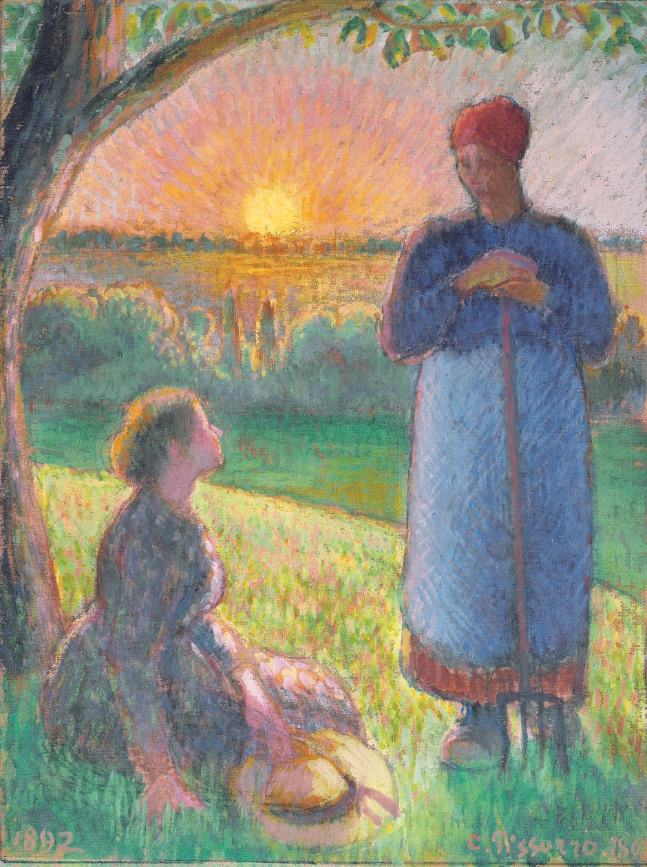 Talking peasants, Sunset, Eragny by Camille Pissarro