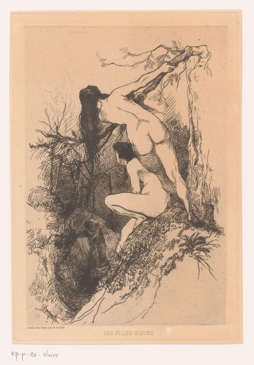 Two Naked Women Spying on a Kissing Couple (The Flower Girls) by Camille Van Camp
