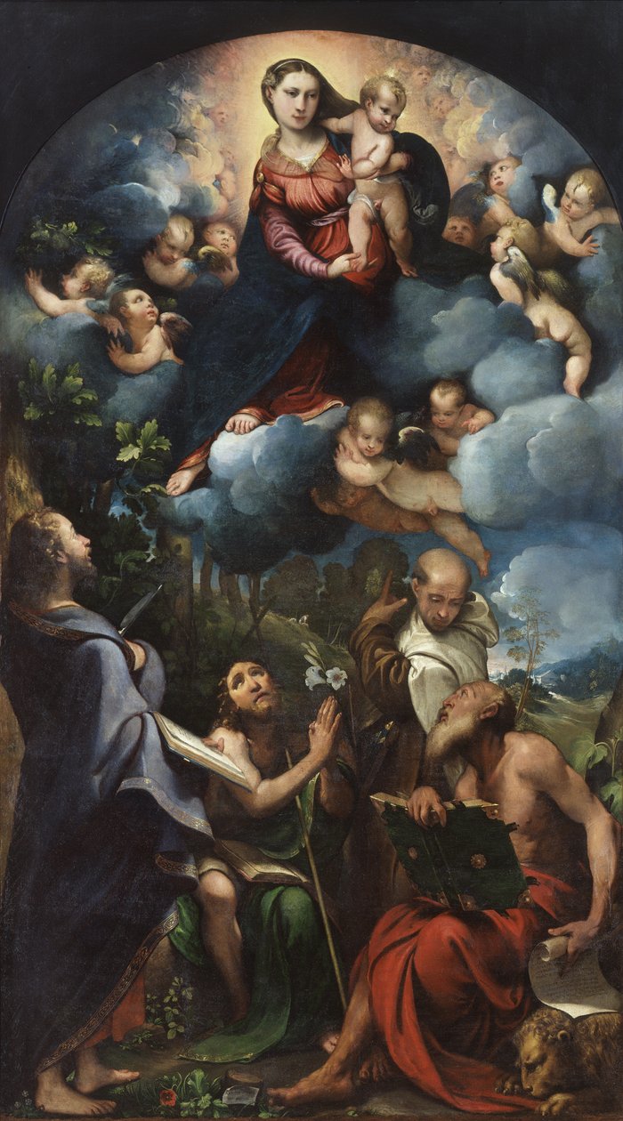 Madonna and Child in Glory with St. Bartholomew, St. John the Baptist, St. Albert and St. Jerome by Camillo Boccaccino