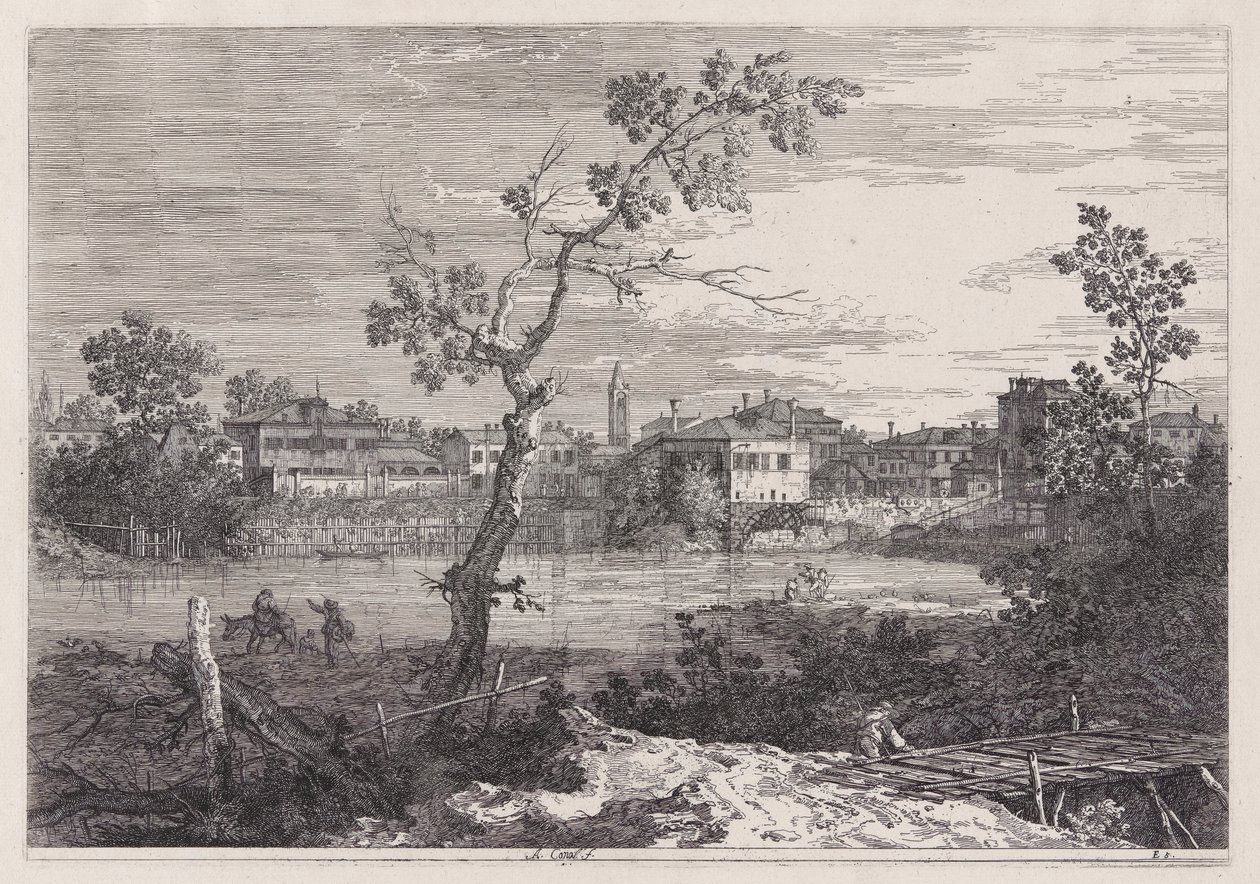 View of a Town on a River Bank by Canaletto (Giovanni Antonio Canal)