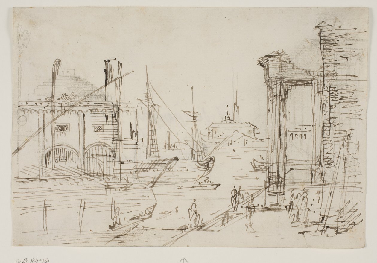 Capriccio with Classical Ruins on a Quay, a Boathouse, Two Galleys, Two Masts of a Sailing Ship Behind Them, a Domed Church in the Background by Canaletto
