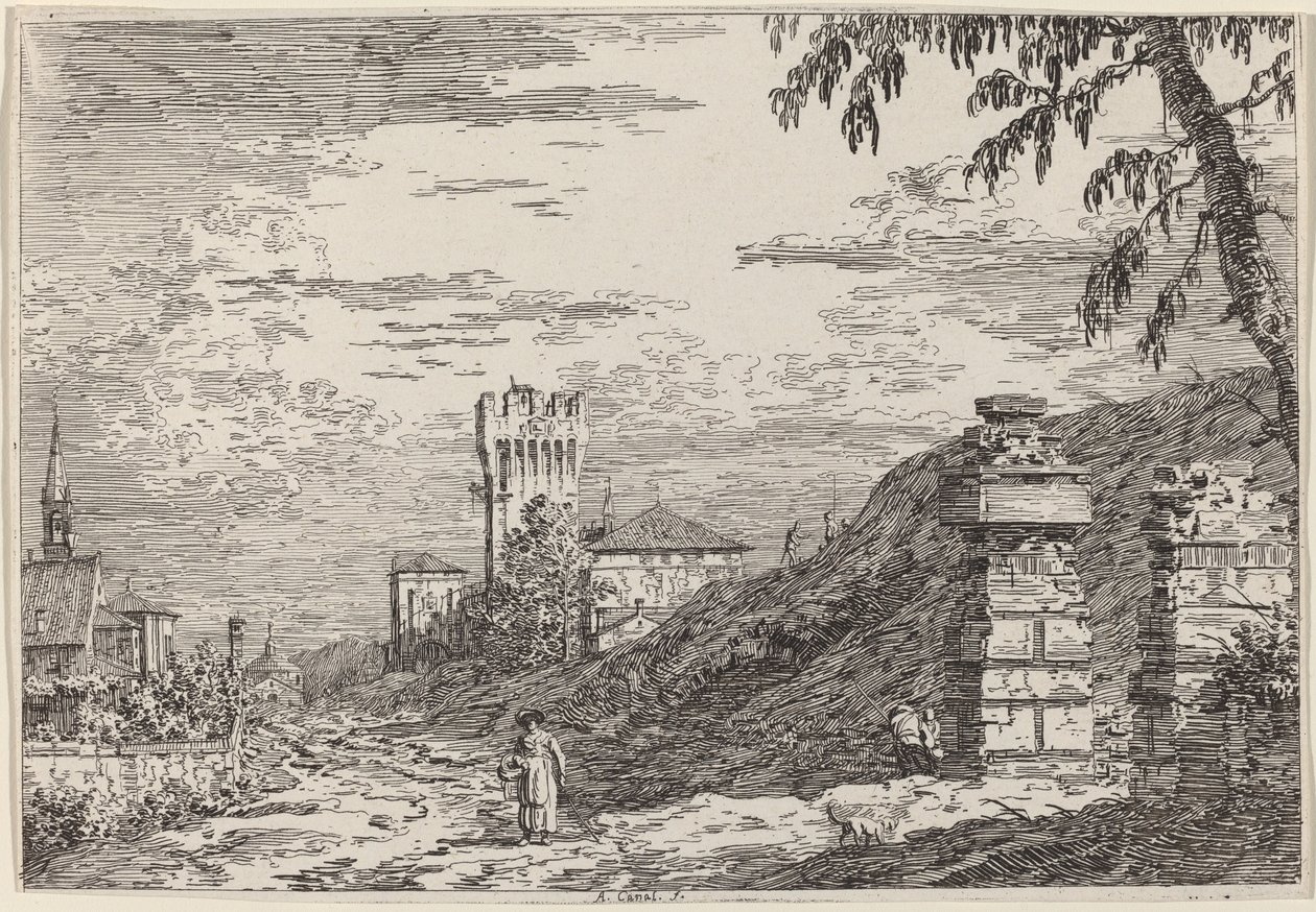 Landscape with Tower and Two Ruined Pillars by Canaletto