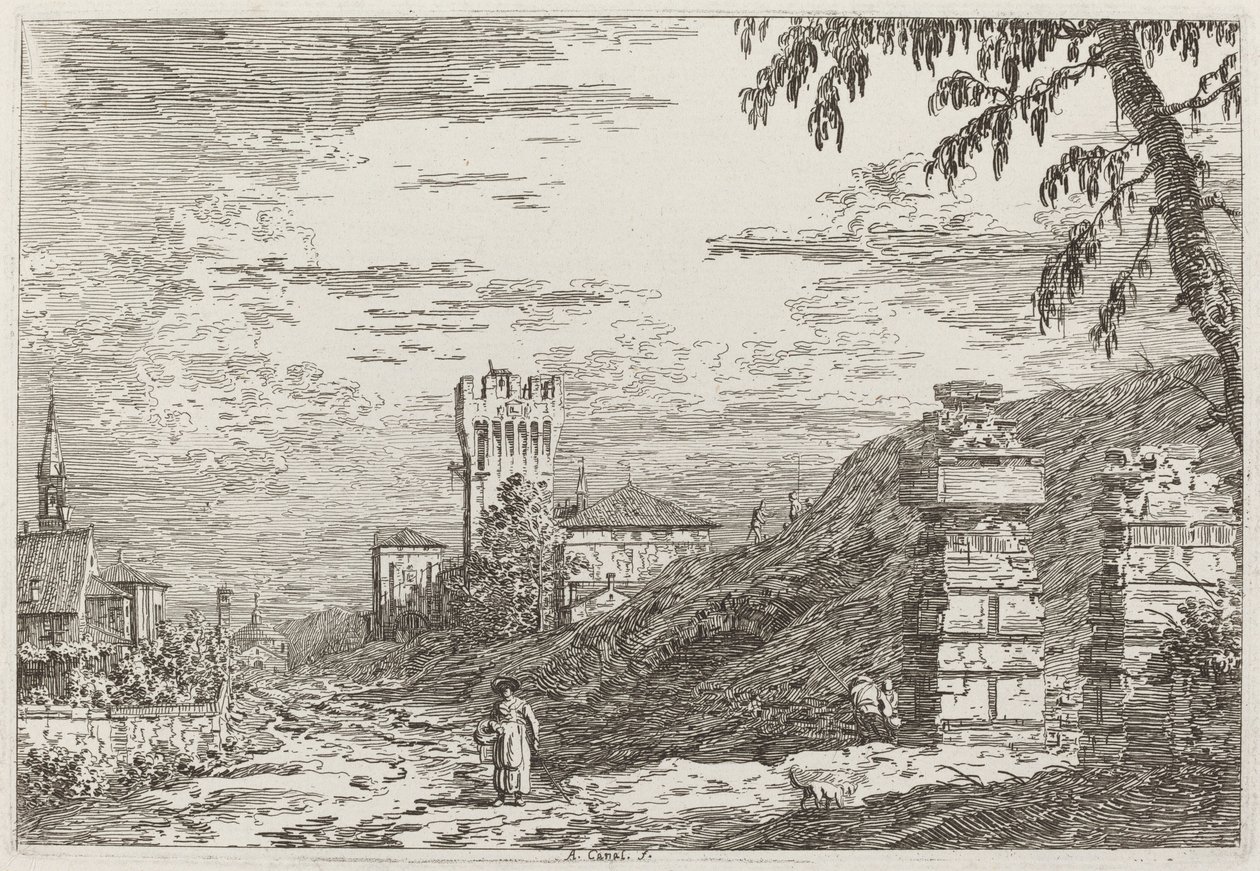 Landscape with Tower and Two Ruined Pillars by Canaletto