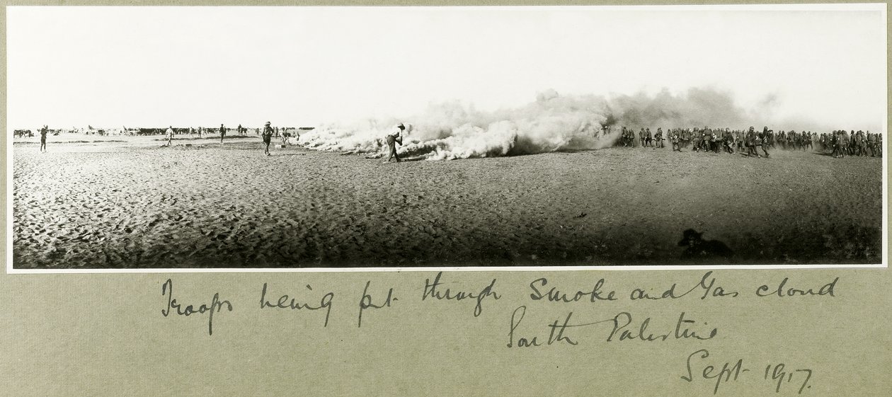 Troops being put through smoke and gas cloud, South Palestine, September 1917 by Capt. Arthur Rhodes