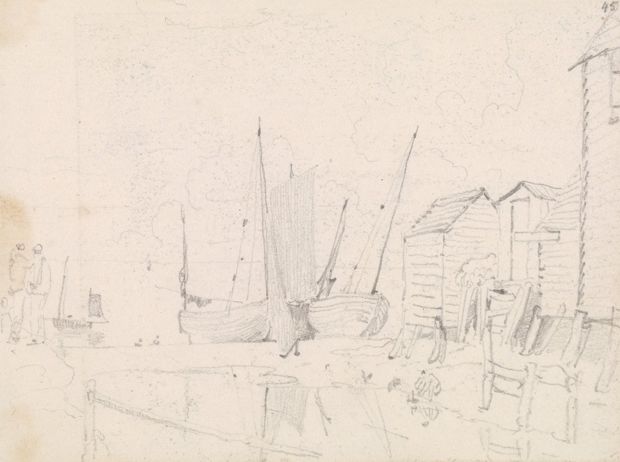 Sketch of Beached Sailboats and Stilt Cottages, Hastings by Capt. Thomas Hastings