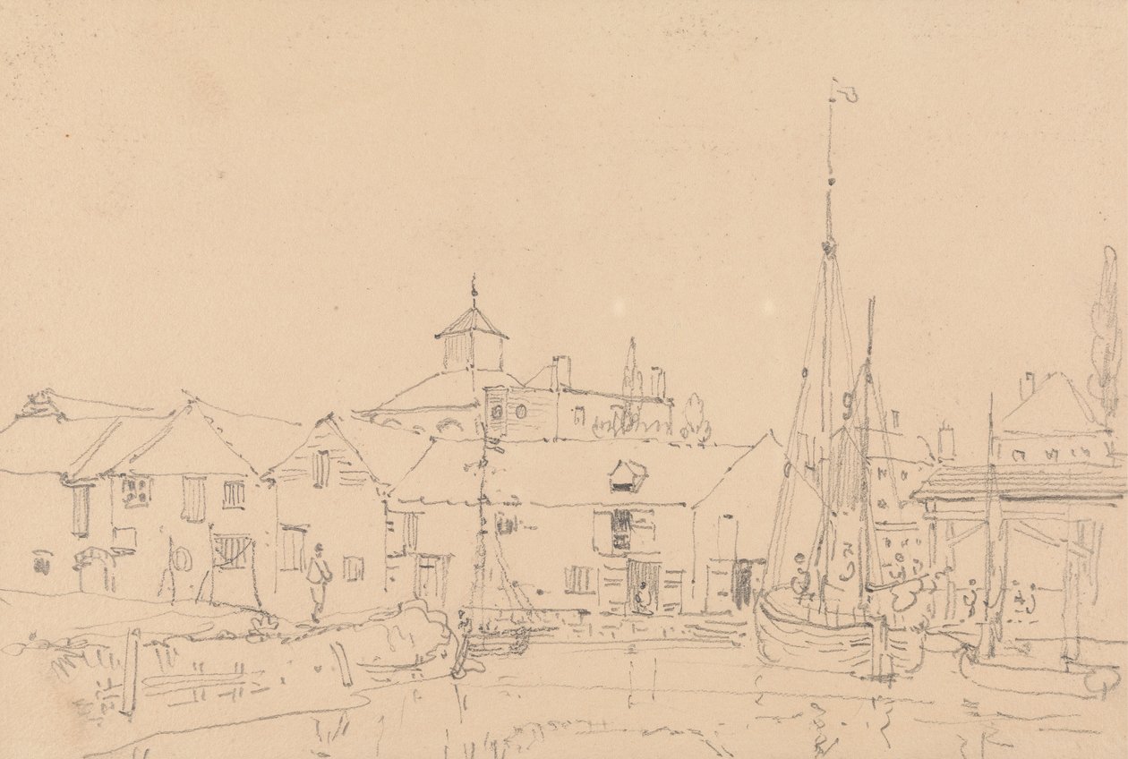 Sketch of Sailing Boats Moored Adjacent to a Village by Capt. Thomas Hastings