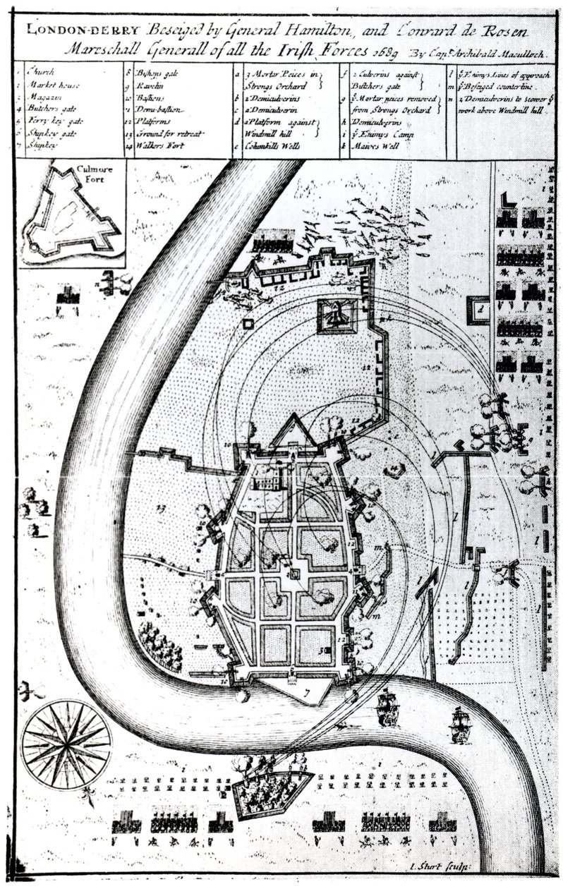 Londonderry Besieged by General Hamilton and Conrad de Rosen, engraved by J. Sturt, 1689 by Captain Archibald Maculloch