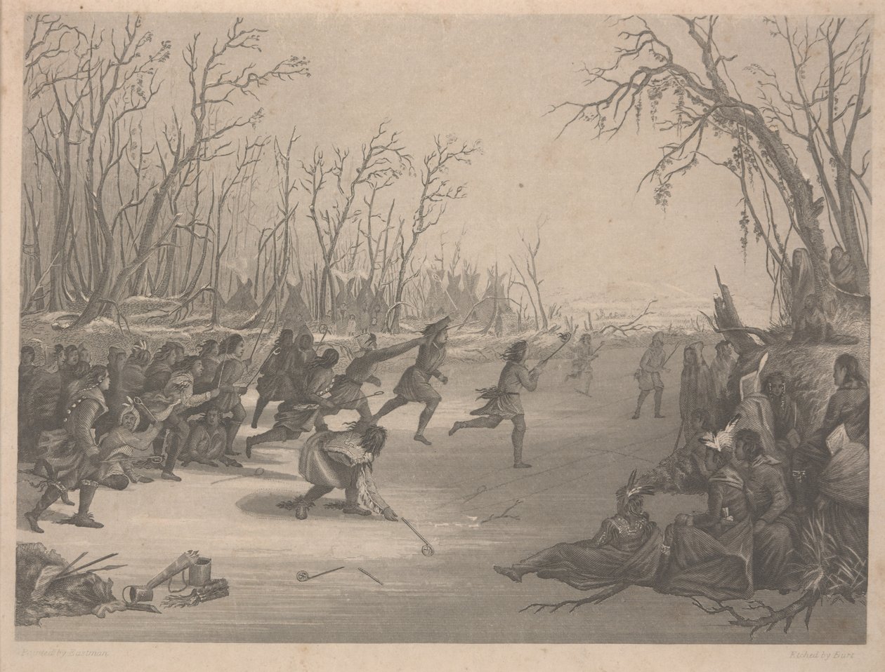 Ball Play of the Dahcota (Sioux) Indians, etching by Charles Kennedy Burt, by December 1850 by Captain Seth Eastman