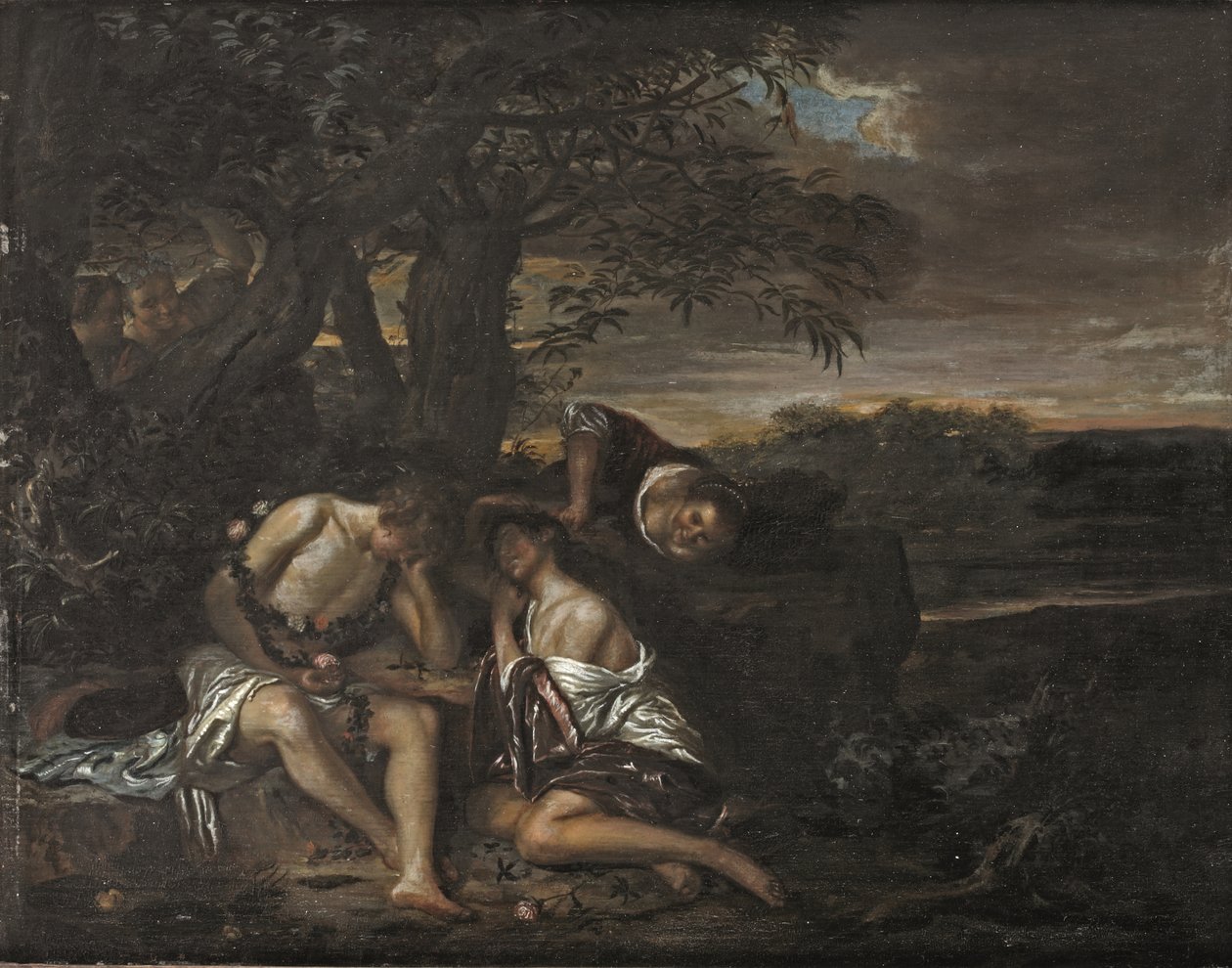 A sleeping couple, discovered by three women in an Arcadian landscape by Carel De Moor II (attr. to)