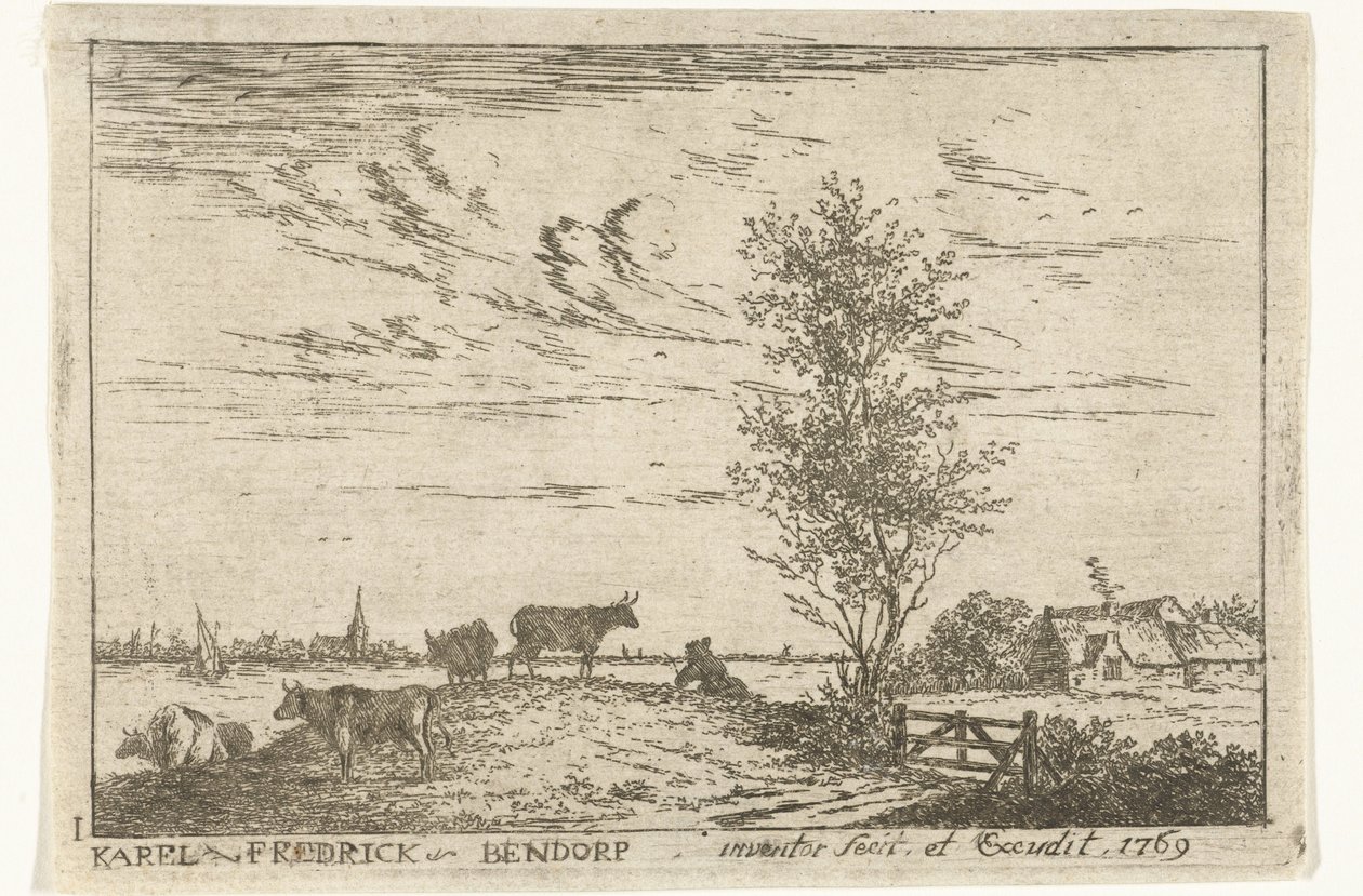 Title Page with River Landscape with Cows, Landschappen (series title) by Carel Frederik Bendorp (I)