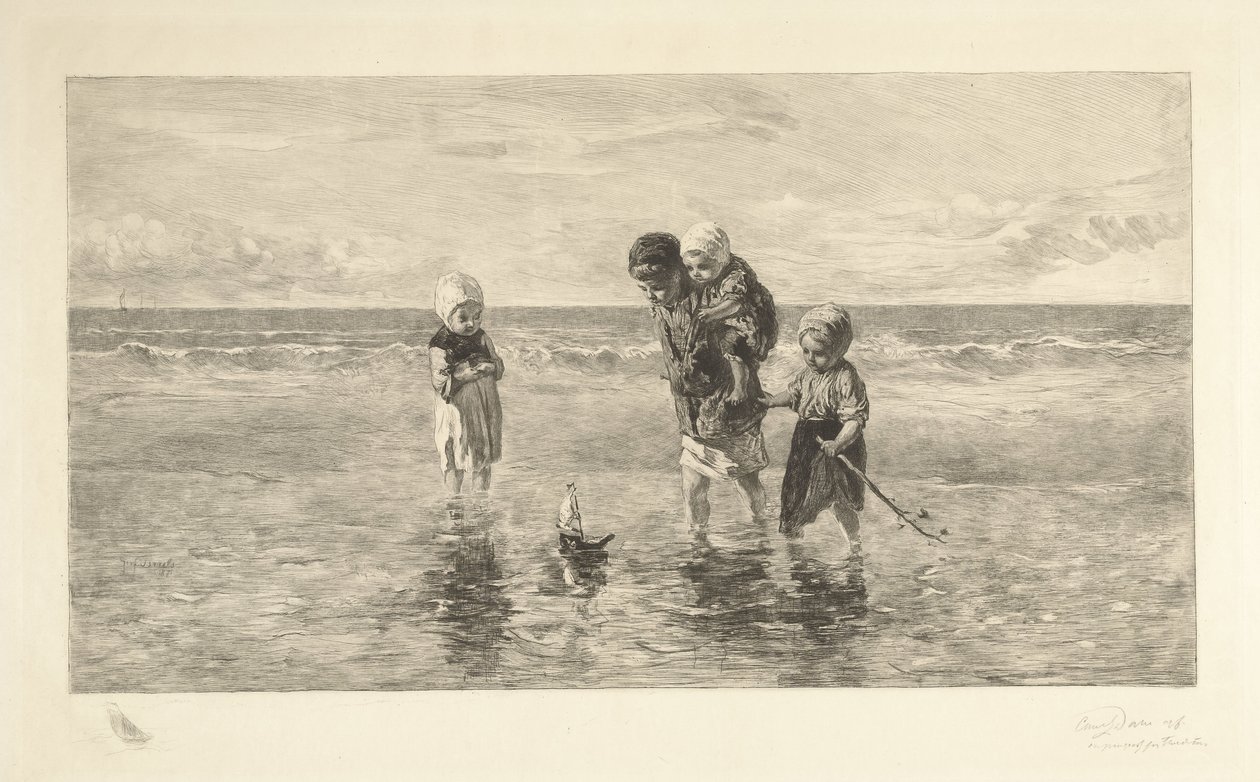 Four Children Playing with Toy Boat on the Beach in Shallow Seawater Children of the Sea by Carel Lodewijk Dake