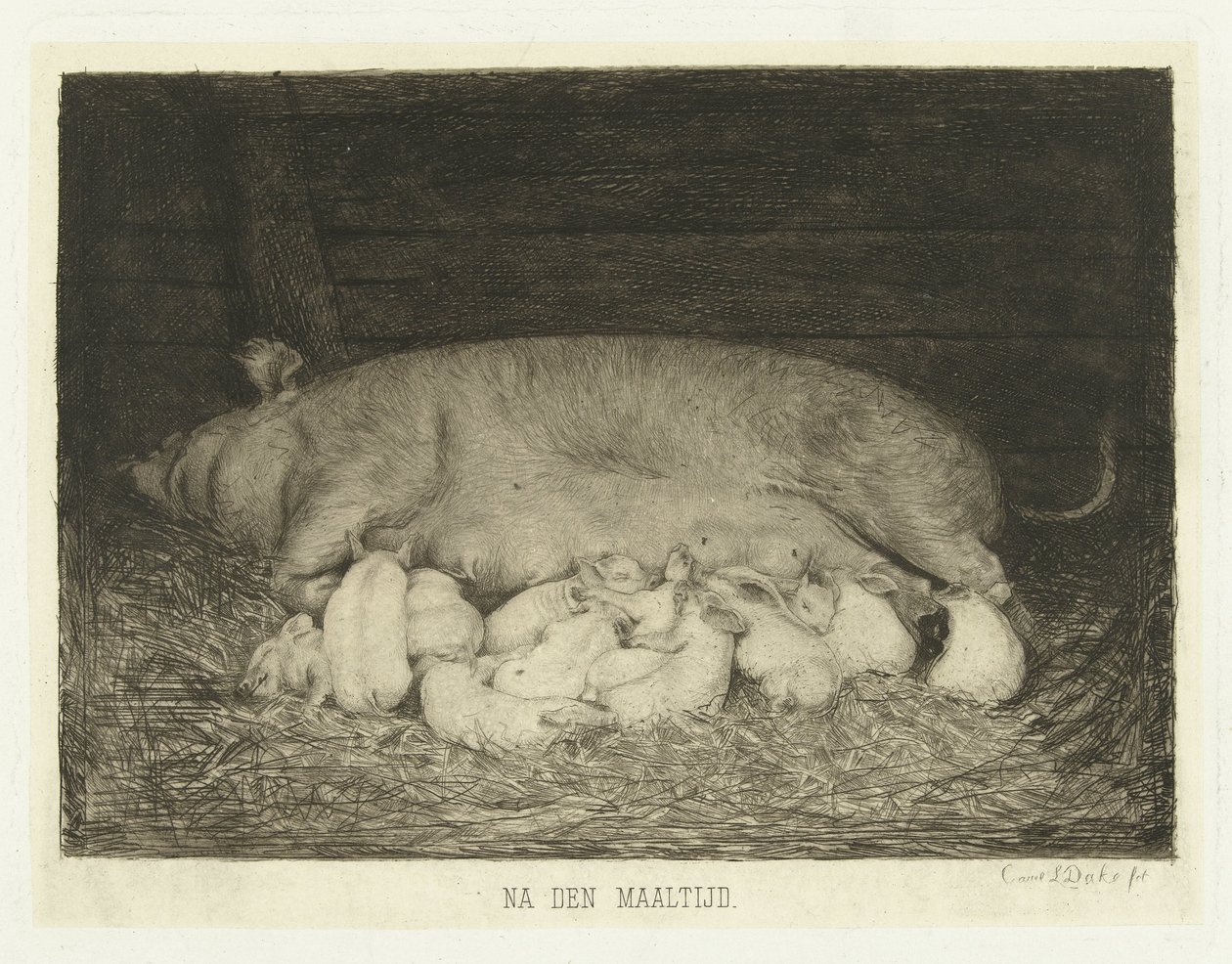 Sow with piglets lying in stable by Carel Lodewijk Dake