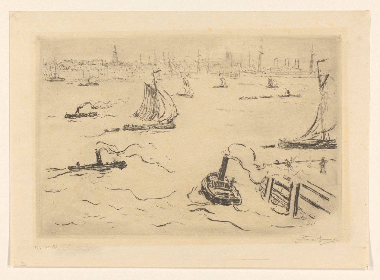 River with Ships Near a City by Carel Nicolaas Storm van 