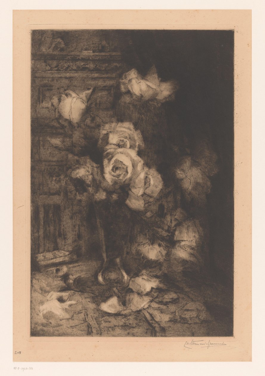 Vase with Roses on a Table by Carel Nicolaas Storm van 