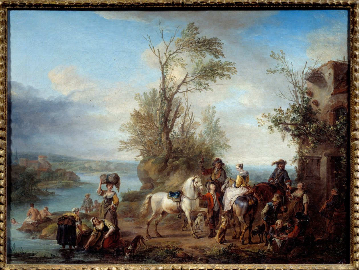 Go Hunting, Washerwomen and Swimming on the Banks of a River by Carel van Falens or Valens