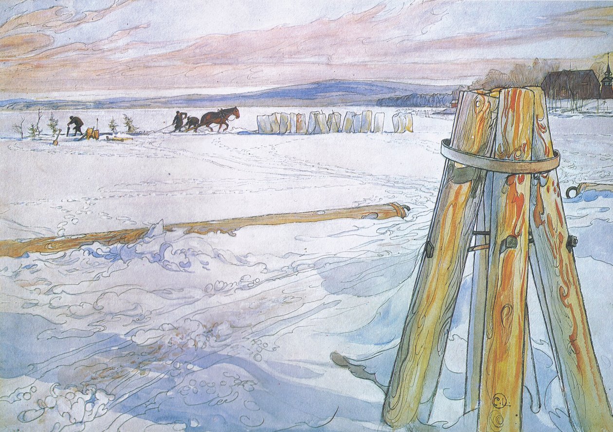 Johan fetched Brunte (horse) to collect blocks of ice by Carl Larsson