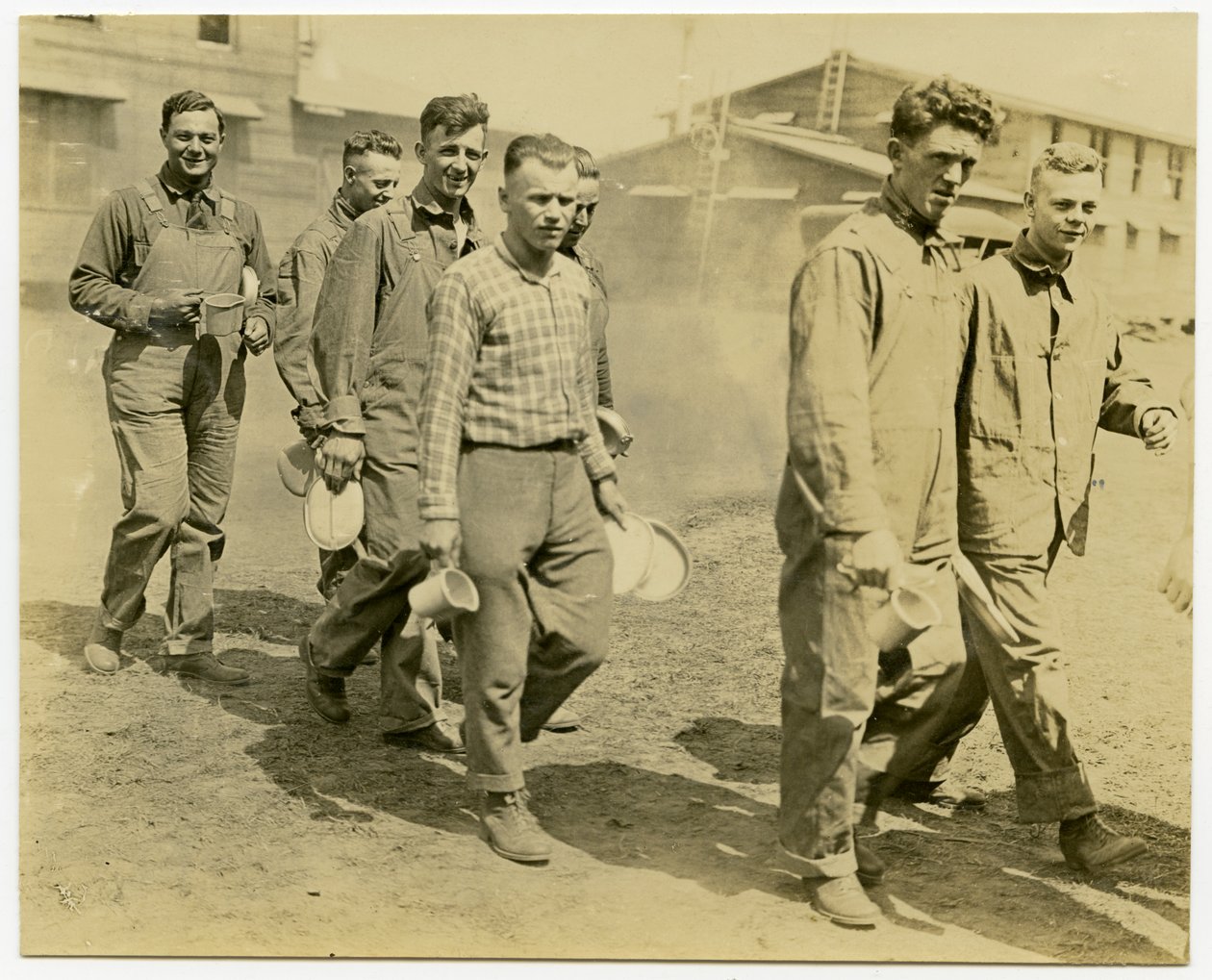 Seven Men Walking Down a Dirt Road Holding Mess Kits and Mugs by Carl Michel