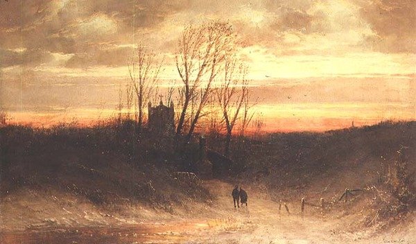 A wooded landscape at evening by Carl Bondel