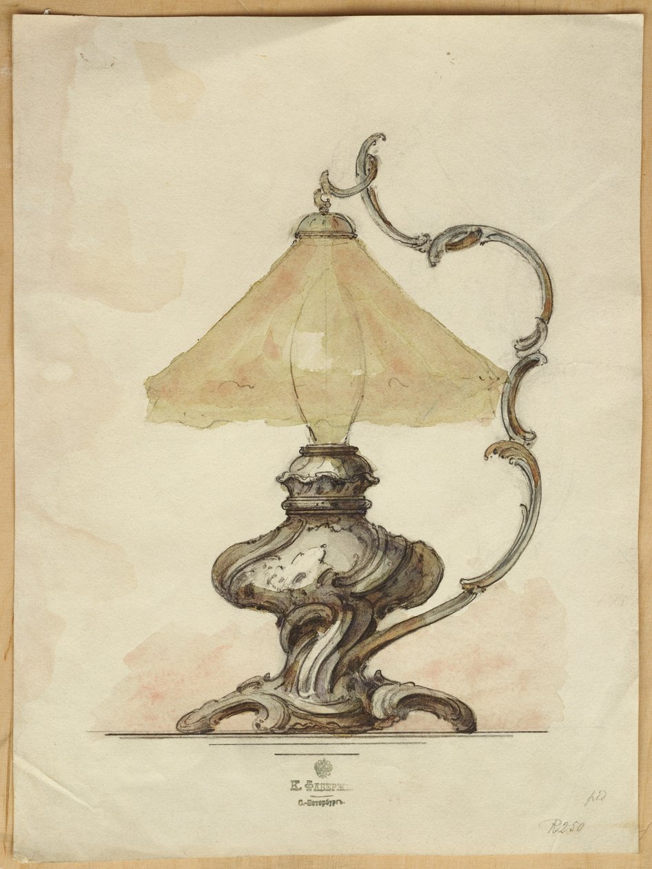 Drawing of a Silver Table Lamp with a Twisted Fluted Body in Rococo Style, House of Carl Faberge by Carl Fabergé