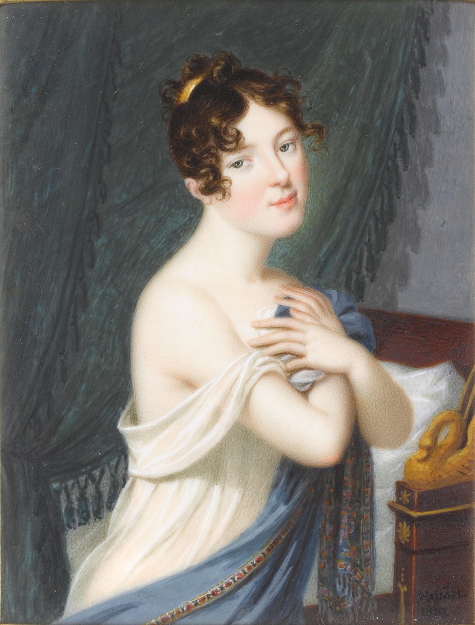 A Lady, Standing Before a Bed and Green Drapery, Holding Her White Chemise and Blue Embroidered Stole to Her Chest, a Gold Comb in Her Curled and Upswept Hair by Carl Hummel