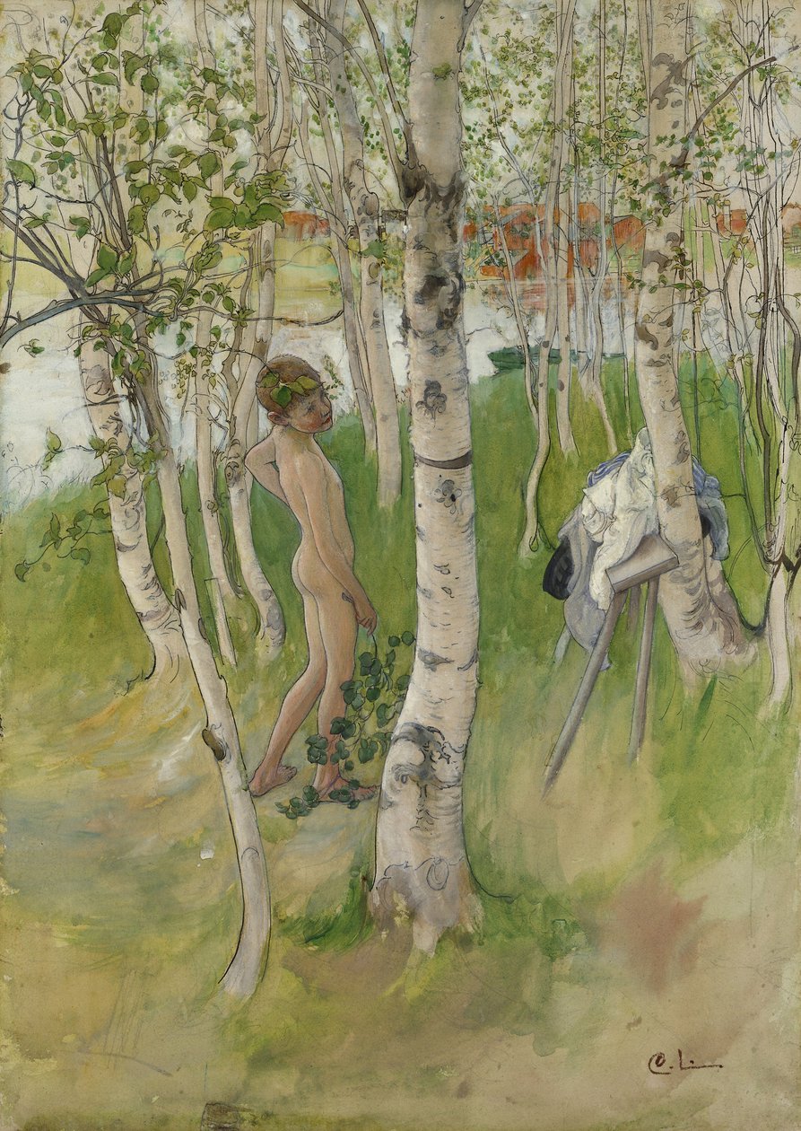 Nude Boy among Birches by Carl Larsson