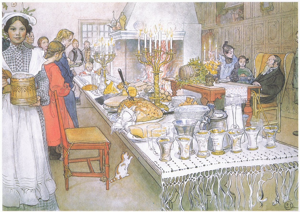 On Christmas Eve, the Huge Long Table in the Big Hall is Absolutely Covered with the Food by Carl Larsson