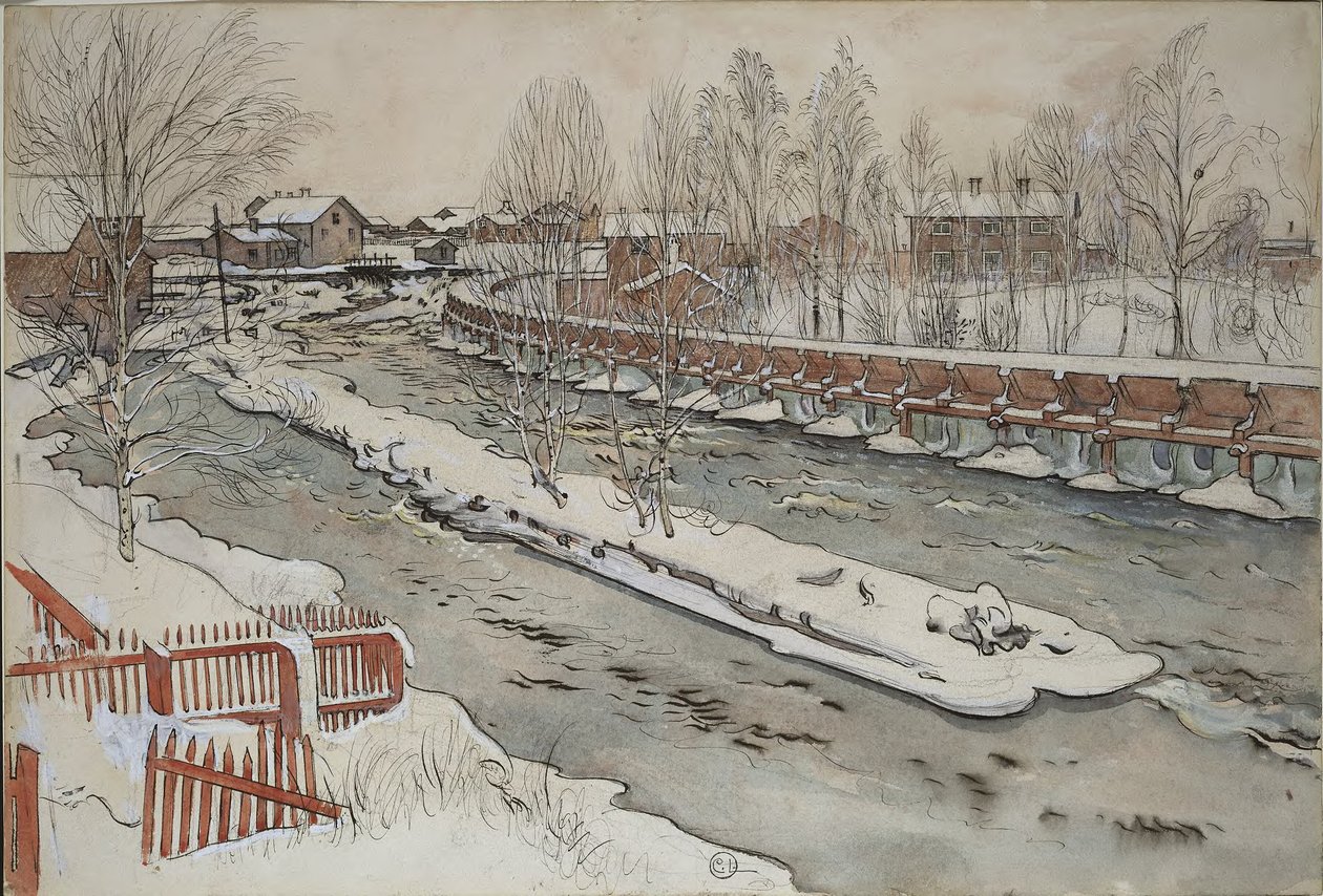 The Timber Chute. Winter Scene. From A Home (26 watercolours) by Carl Larsson