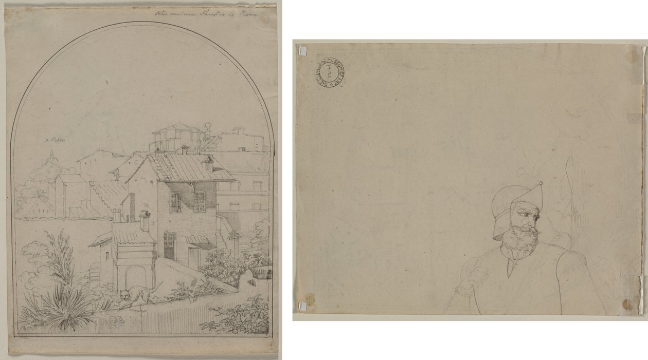 View from My Window in Rome (recto) Soldier in a Landscape (verso) by Carl Ludwig Tischbein