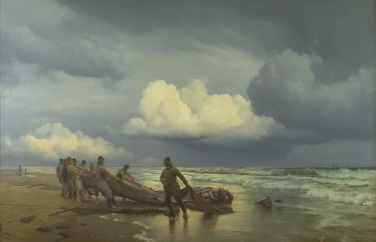 Fishermen Hauling Nets on Skagen North Beach by Carl Neumann