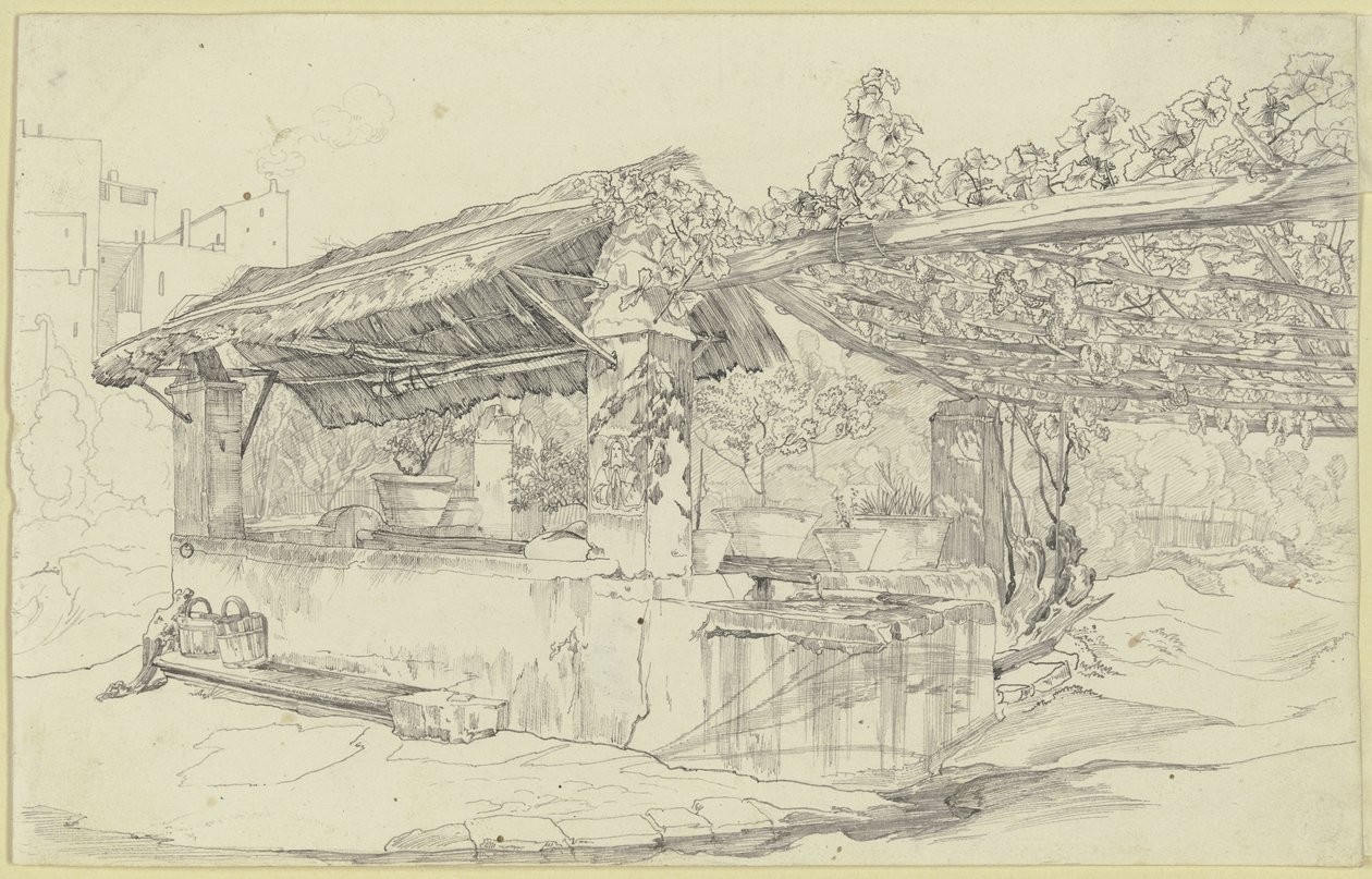 Thatched Well House and Wash Trough Next to a Vineyard by Carl Philipp Fohr