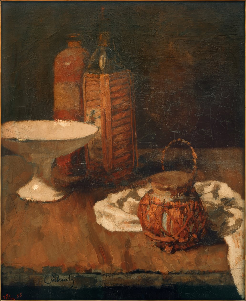 Still Life with Maraschino Bottle and Bowl by Carl Schuch