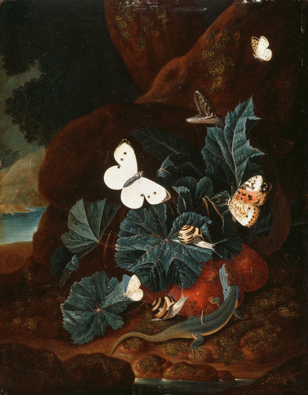 A Forest Floor Still Life with a Lizard, Butterflies, Snail and a Snake by Carl Wilhelm de Hamilton