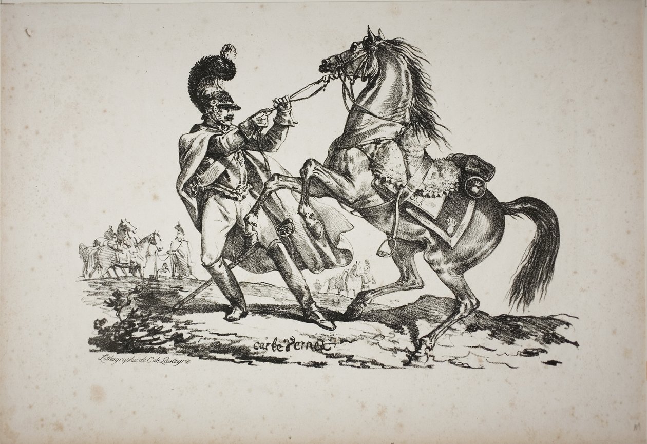 Cuirassier on Foot Holding Back His Rearing Horse by Carle Vernet