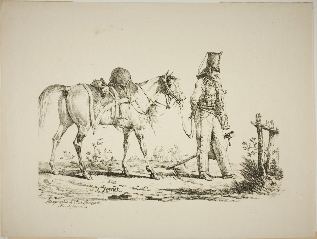 Hussar Walking in Front of His Horse, Smoking a Pipe by Carle Vernet