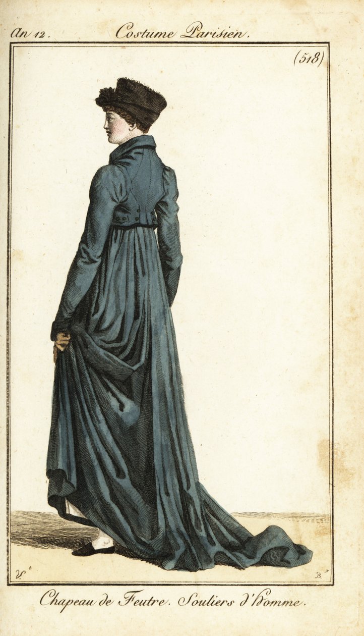 Woman in felt hat, long riding coat, men