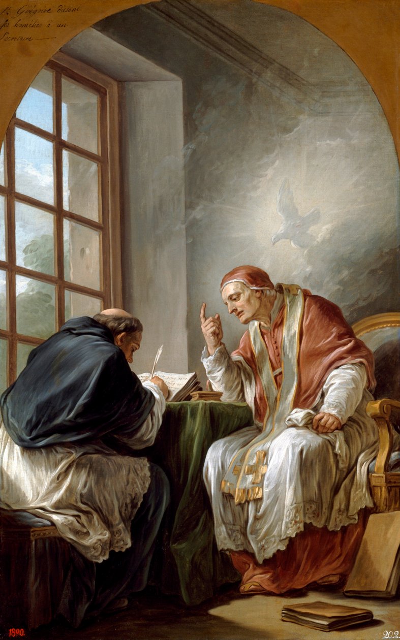 Saint Gregory the Great dictating his Homilies, inspired by the Holy Spirit symbolized by a dove, Painting by Carle Van Loo, 1764 by Carle van Loo