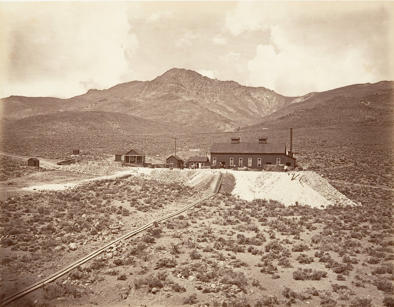 Buildings of Sutro Tunnel, 1875, printed ca. 1876 by Carleton Emmons Watkins