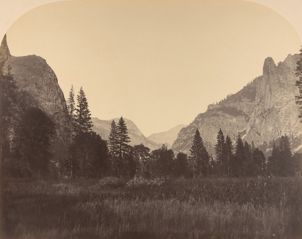 Up the Valley, North Dome in Center, Sentinel on Left by Carleton Emmons Watkins
