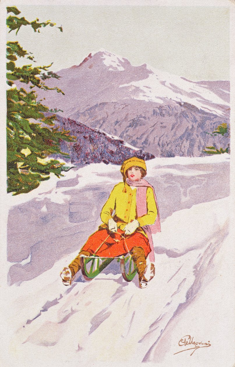 Young Woman Tobogganing by Carlo Pellegrini
