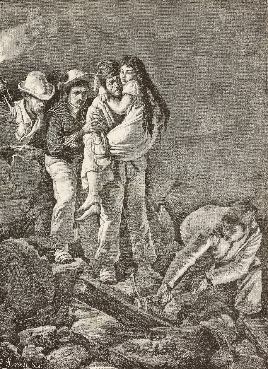 A girl is rescued after her home collapsed, Casamicciola earthquake, Italy, engraving from a drawing by E Sanesi and a painting by Carlo Ademollo, from L