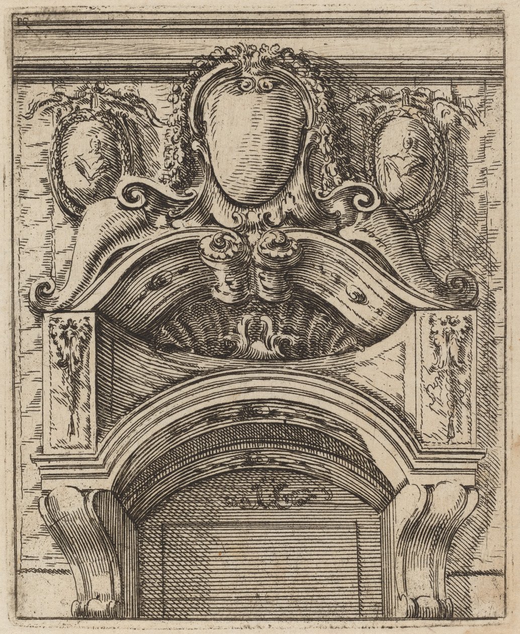 Architectural Motif with Three Shields, Two with Figures by Carlo Antonio Buffagnotti
