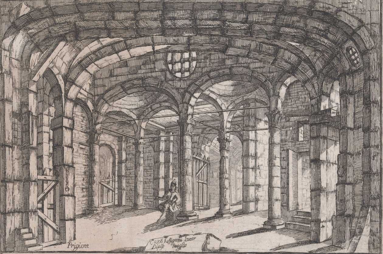 Interior of a prison in which sits a woman by Carlo Antonio Buffagnotti