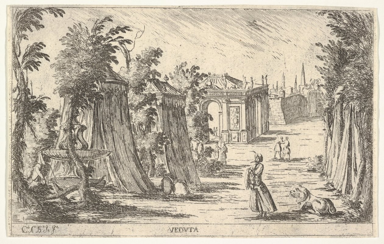 View with a Man in a Turban and a Lion Standing at Right, Tents and Classical Architecture by Carlo Antonio Buffagnotti