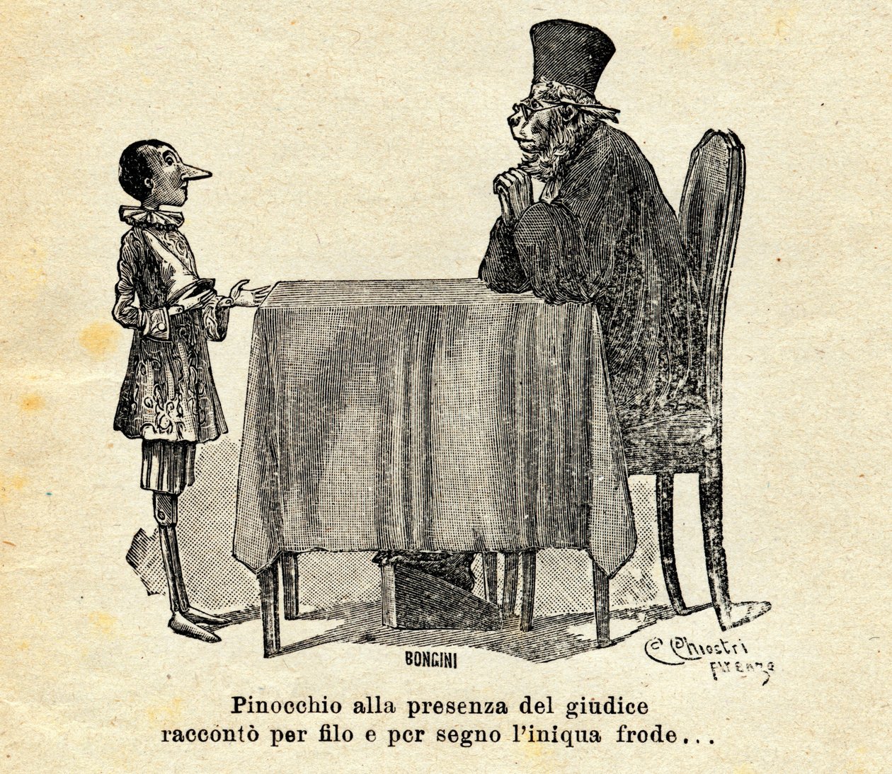 Pinocchio Facing the Judge. Illustration by Carlo Chiostri for the Novel “The Adventures of Pinocchio” by Carlo Lorenzini or Carlo Collodi 1924. by Carlo Chiostri
