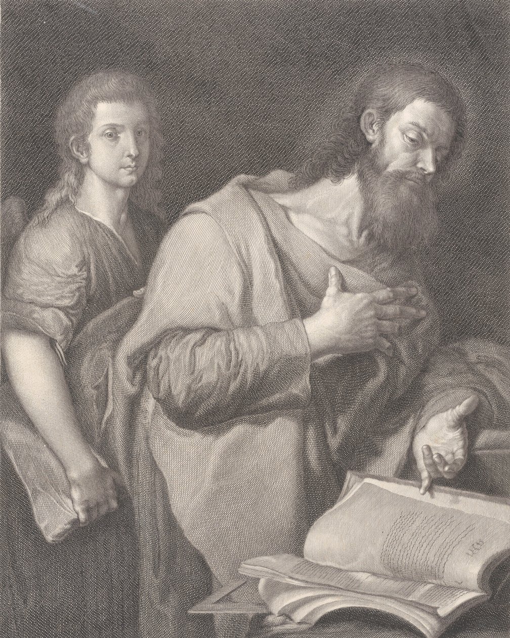 Saint Matthew, standing before a book at right with a hand on his chest, another man behind by Carlo Faucci