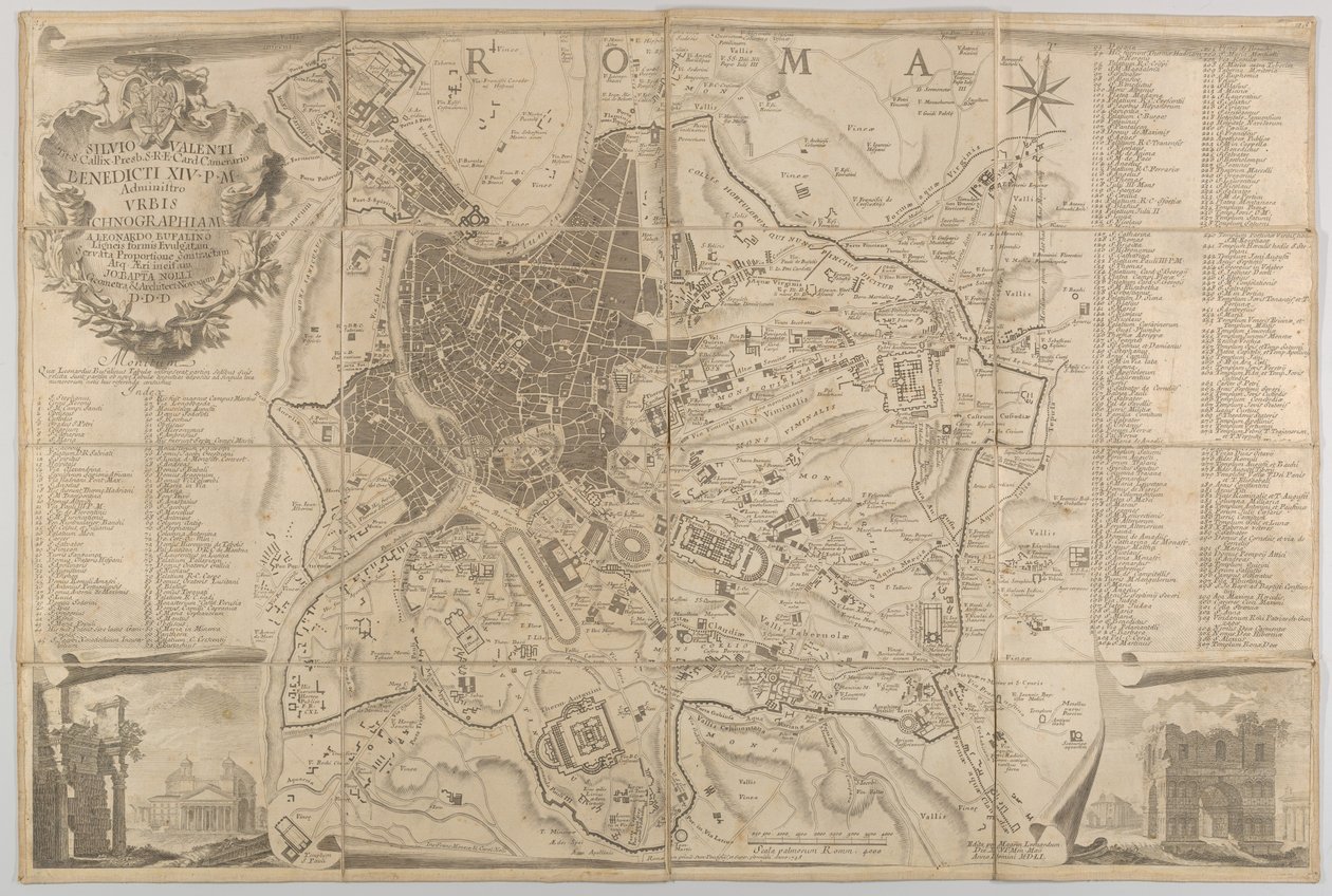Plan of ancient Rome with a view of the Pantheon lower left and a triumphal arch lower right by Carlo Nolli