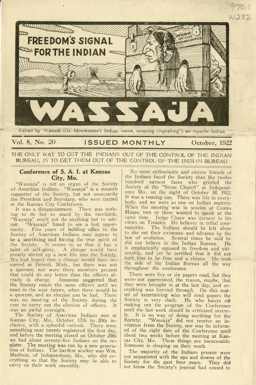 Issue of Wassaja, Vol. 8, No. 20, October 1922 by Carlos Montezuma