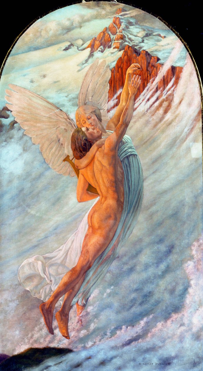 The Ideal, Fantastic Representation of the Abduction to the Heavens of a Young Man by an Angel. Painting by Carlos Schwabe by Carlos Schwabe